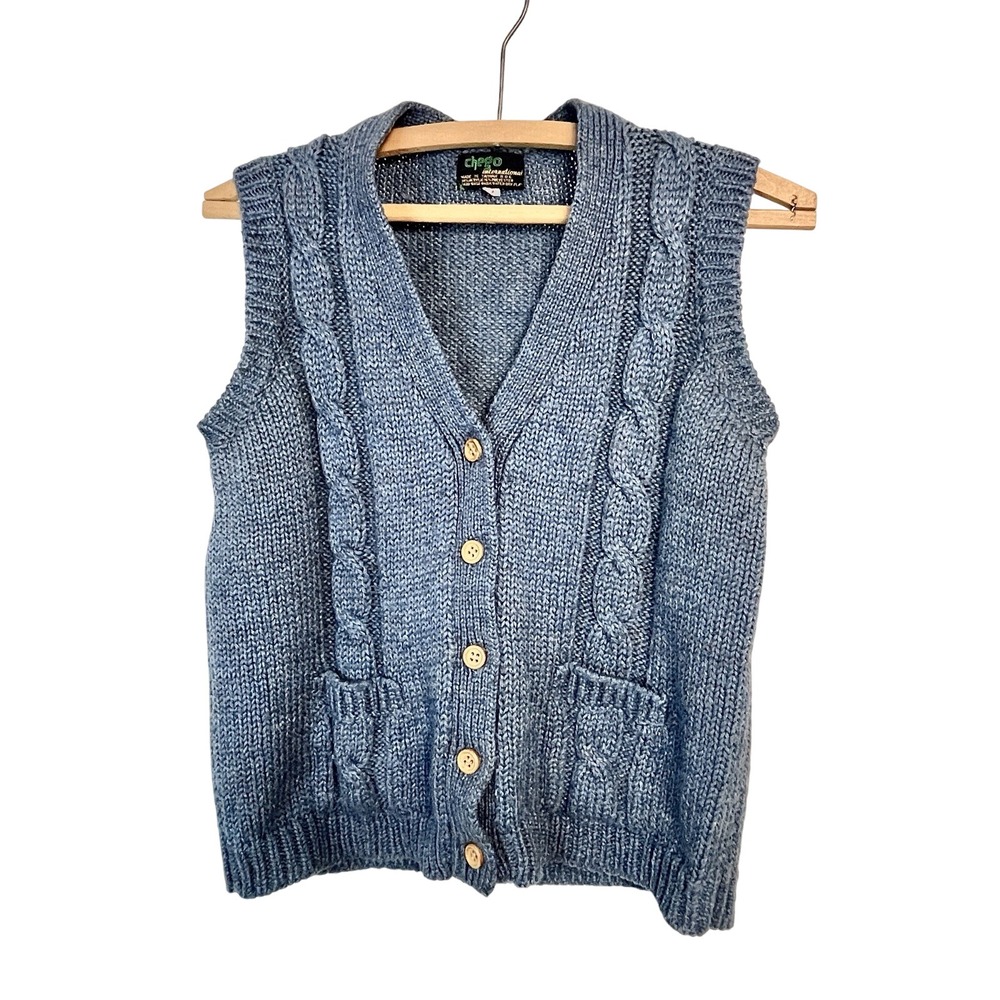 VTG CHEGO Cable Knit Fishermans Sweater Vest Blue Nautical Coastal Grandma Sz S